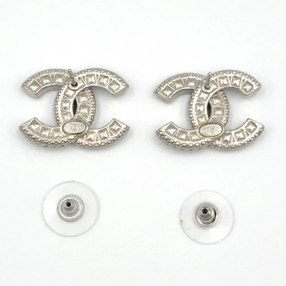 Chanel Coco Mark Earrings Silver Black Rhinestone